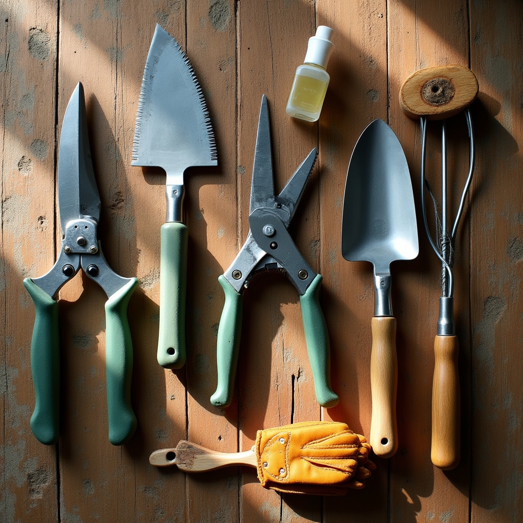 Collezione di attrezzi professionali da giardinaggio disposti ordinatamente su superficie di legno